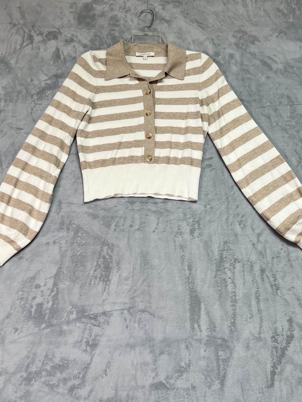 Favorite Daughter The Belle Polo Cardigan Sweater M Beige Striped Collared